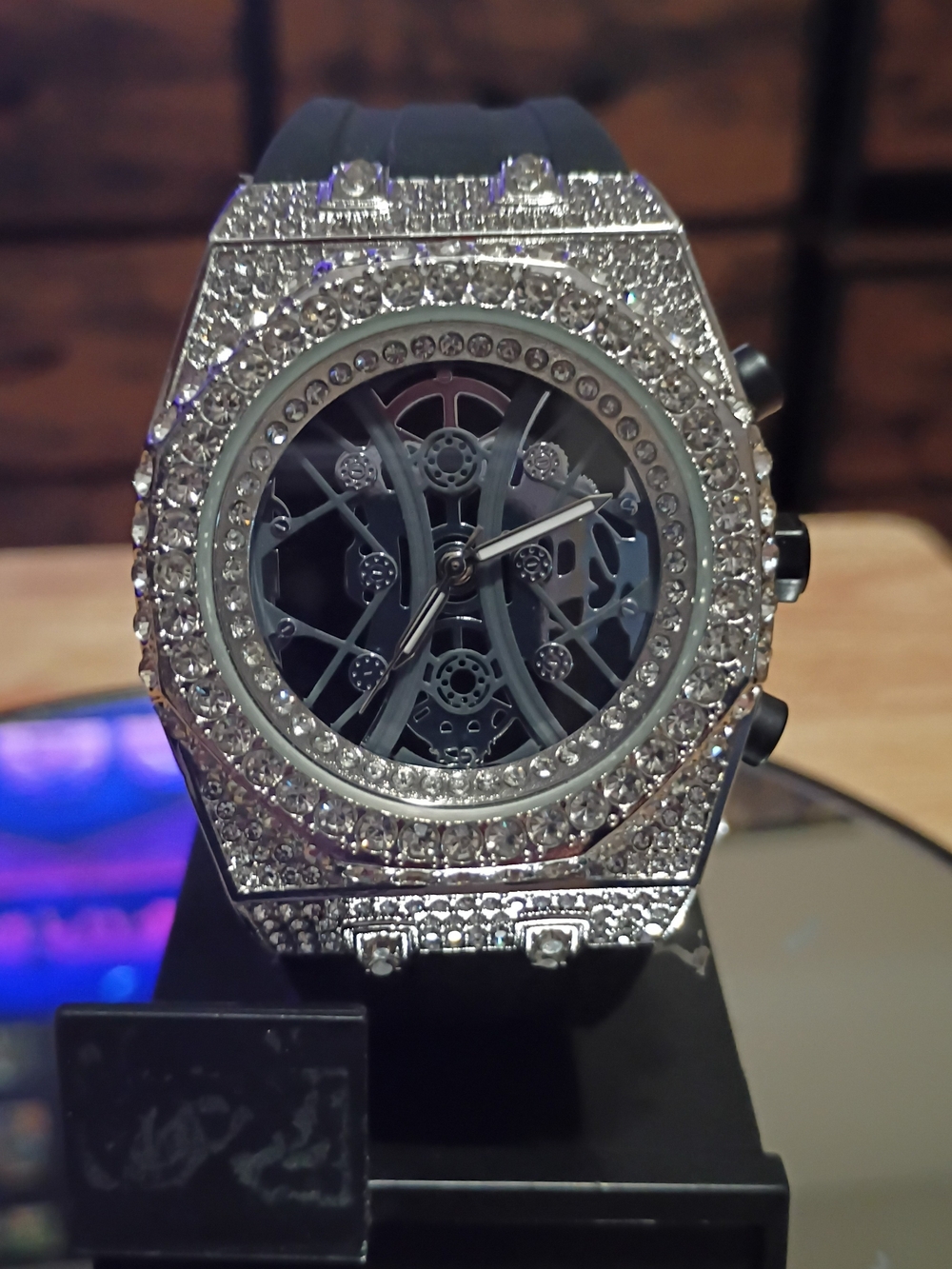 Men's Silver moissanite skeleton-Style Watch - Black Strap